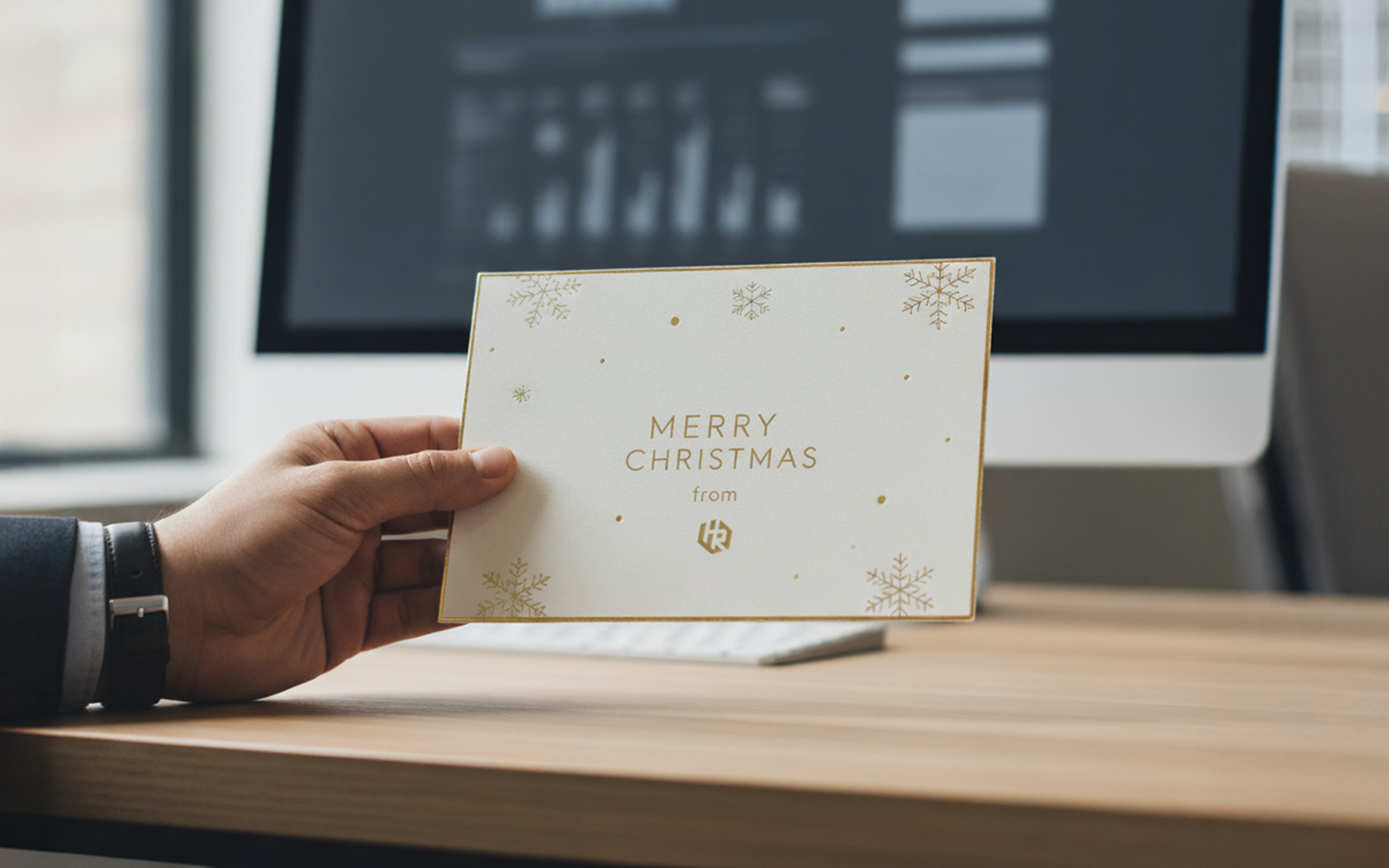 Professional houdt gepersonaliseerde Merry Christmas kaart vast in modern kantoor