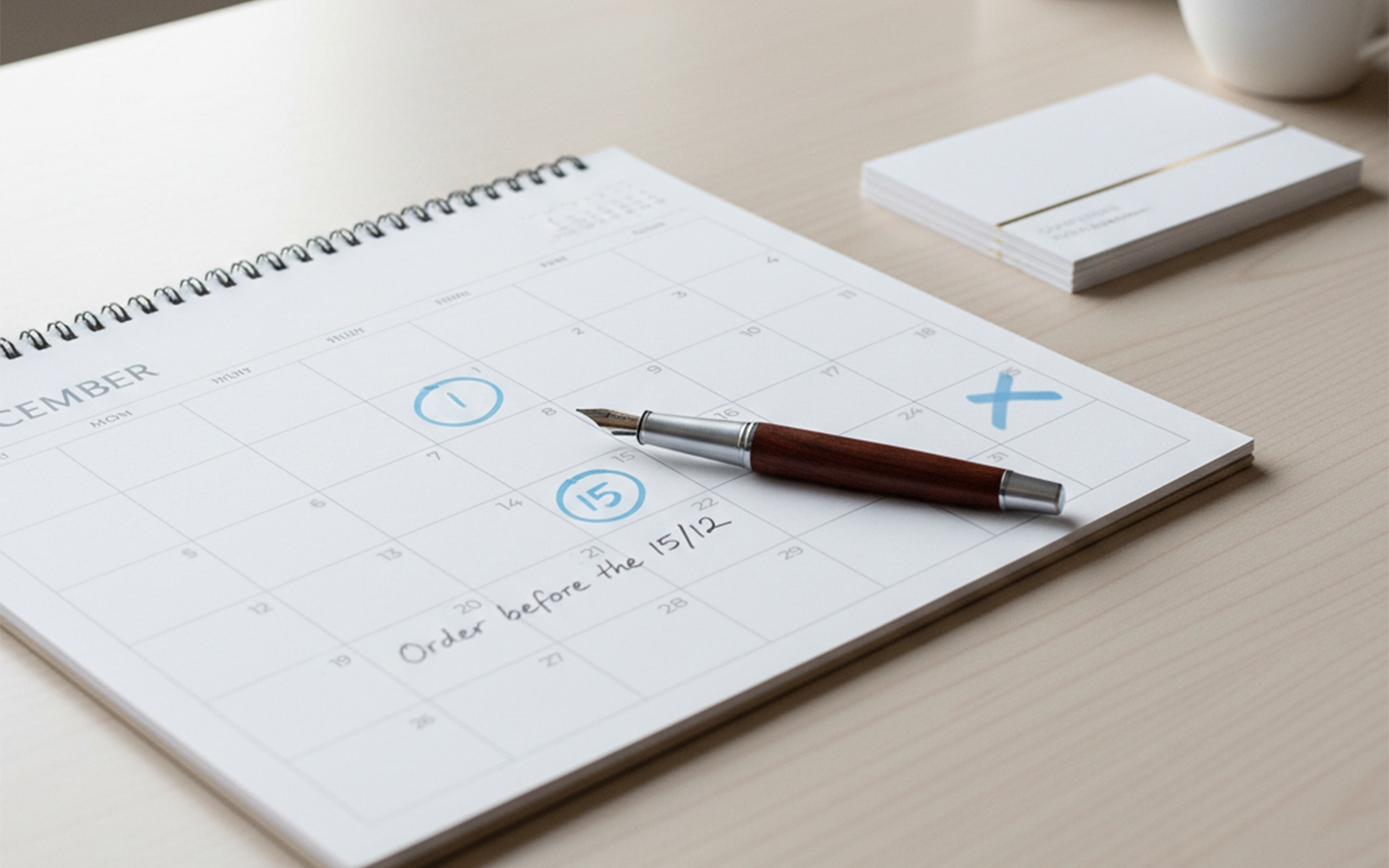 Bureaukalender met pen en notitie Order before the 15/12 voor kerstbestellingen plannen