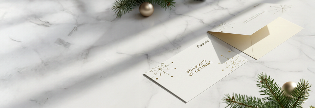 Professionele wenskaart Season's Greetings met gouden envelop en kerstversiering op wit marmer.