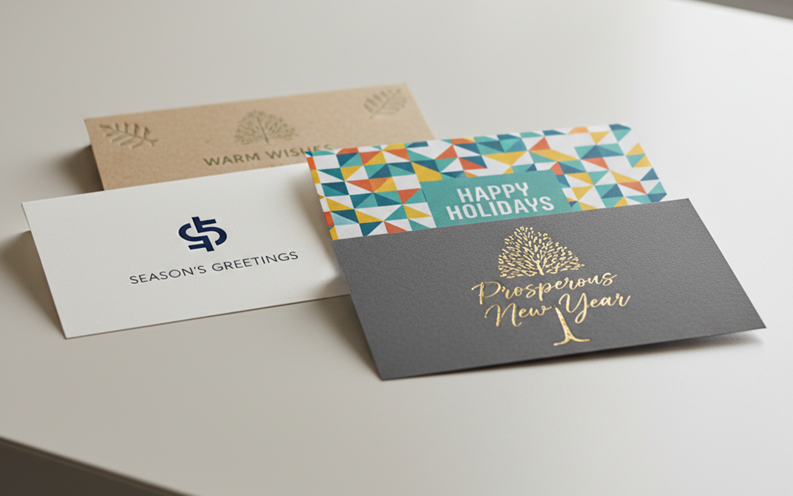 Collectie zakelijke wenskaarten: Season's Greetings, Happy Holidays, Prosperous New Year en Warm Wishes