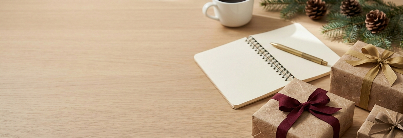 Banner met bedrukte, gepersonaliseerde kerstgeschenken voor bedrijven: geschenktassen en premium verpakking op een B2B-bureau.