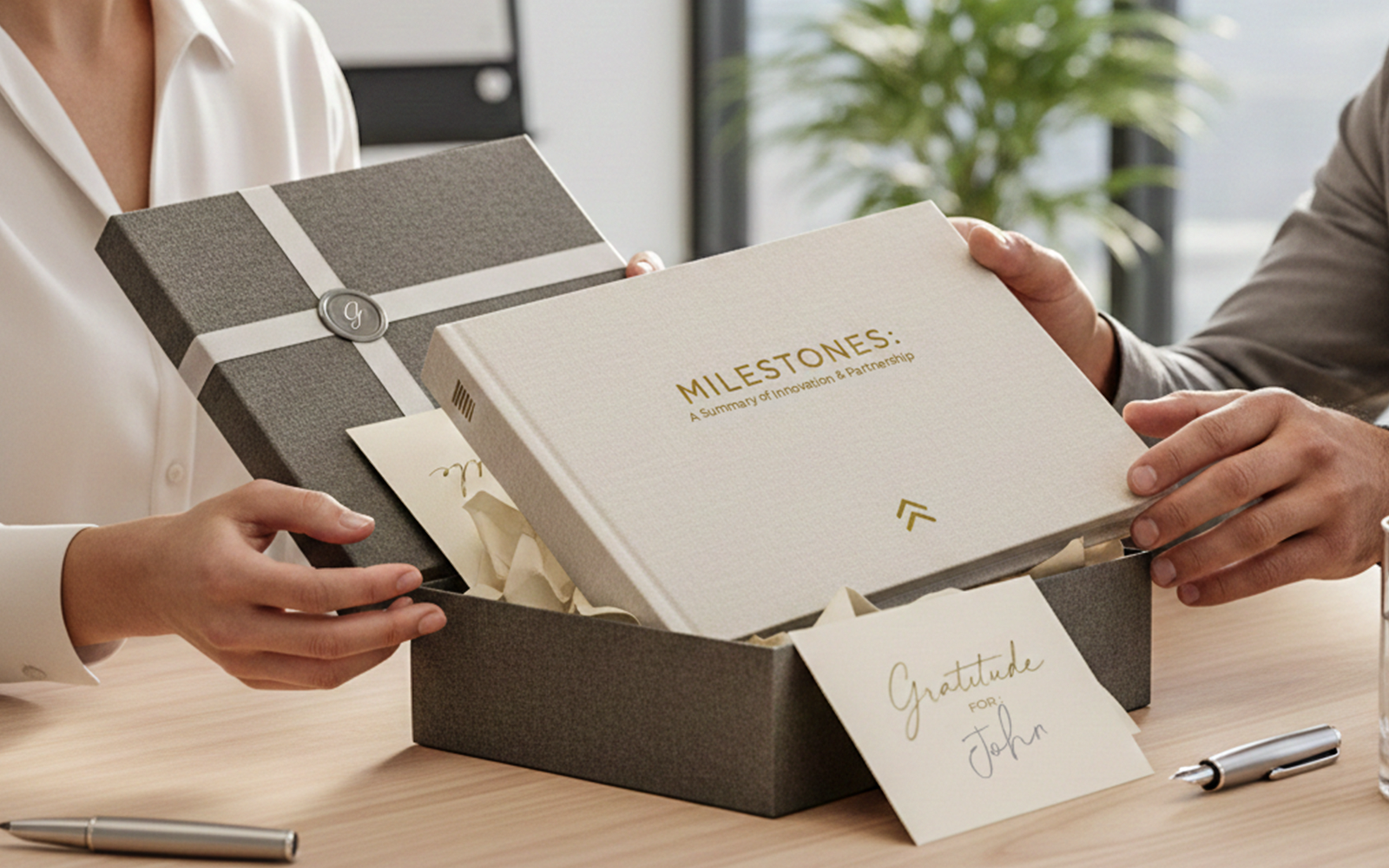 Selectie gepersonaliseerd drukwerk voor zakelijke kerstgeschenken: kaarten, kalenders, verpakking en promotieartikelen