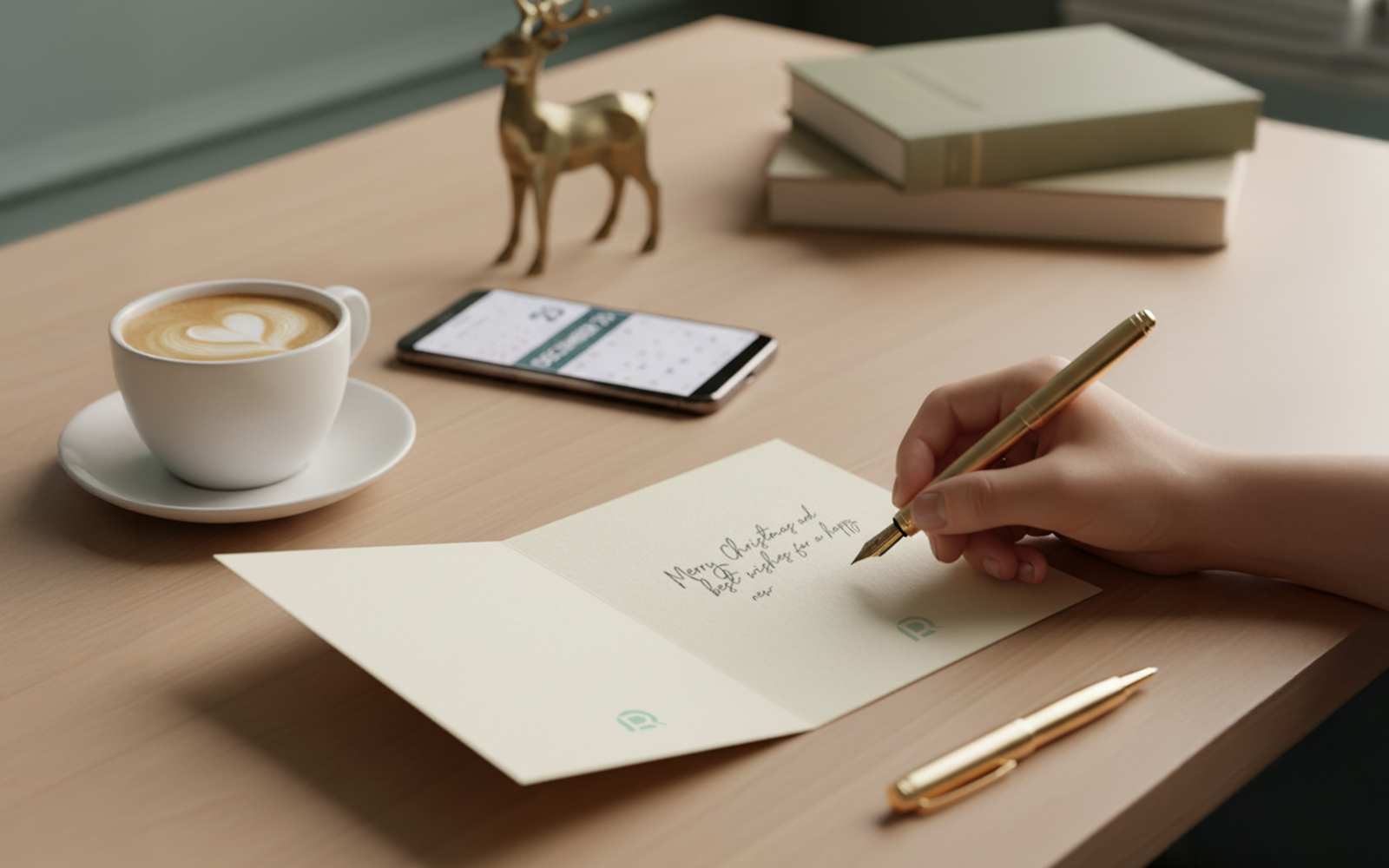 Hand schrijft handgeschreven boodschap op wenskaart met gouden vulpen op professioneel bureau